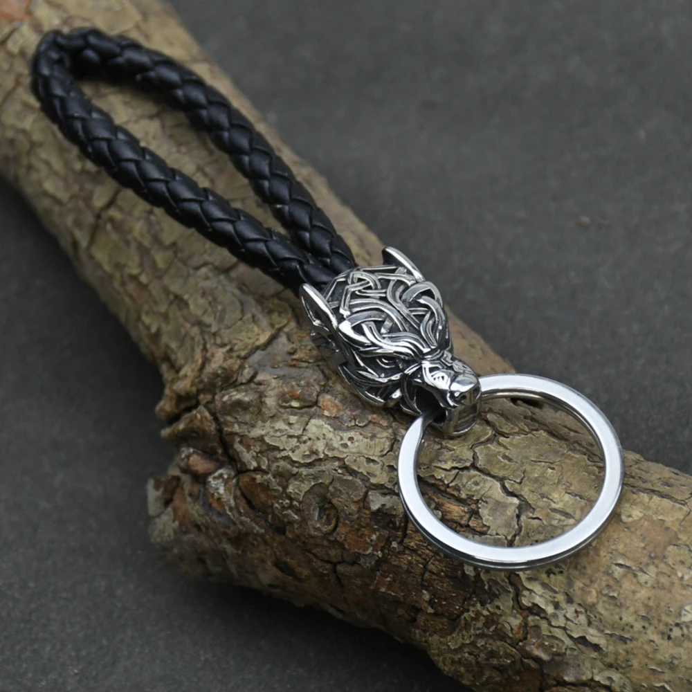 Vintage Wolf Head Keychains Vikings Pendant Stainless Steel wolf Keyring Handmade Male Black leather Key Ring Vintage Wolf Head Keychains Vikings Pendant Stainless Steel wolf Keyring Handmade Male Black leather Key Ring