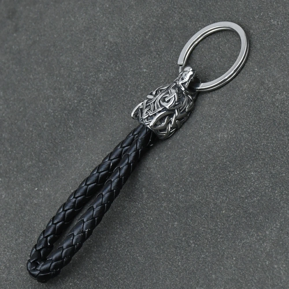 Vintage Wolf Head Keychains Vikings Pendant Stainless Steel wolf Keyring Handmade Male Black leather Key Ring Vintage Wolf Head Keychains Vikings Pendant Stainless Steel wolf Keyring Handmade Male Black leather Key Ring