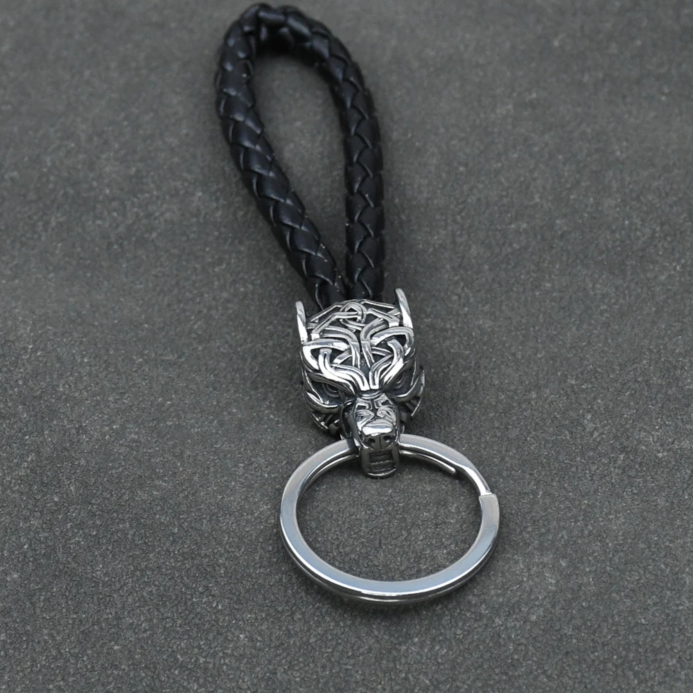 Vintage Wolf Head Keychains Vikings Pendant Stainless Steel wolf Keyring Handmade Male Black leather Key Ring Vintage Wolf Head Keychains Vikings Pendant Stainless Steel wolf Keyring Handmade Male Black leather Key Ring