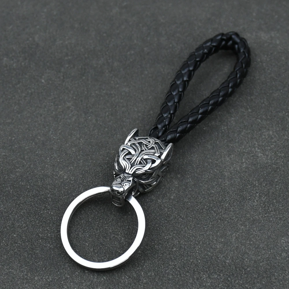 Vintage Wolf Head Keychains Vikings Pendant Stainless Steel wolf Keyring Handmade Male Black leather Key Ring Vintage Wolf Head Keychains Vikings Pendant Stainless Steel wolf Keyring Handmade Male Black leather Key Ring