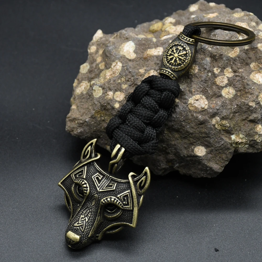 Nordic Mythology Wolf Head Keychain Men's Retro Handmade Survival Rope Lanyard Pendant Keyring Vikings Runes Vegvisir Jewelry Nordic Mythology Wolf Head Keychain Men's Retro Handmade Survival Rope Lanyard Pendant Keyring Vikings Runes Vegvisir Jewelry