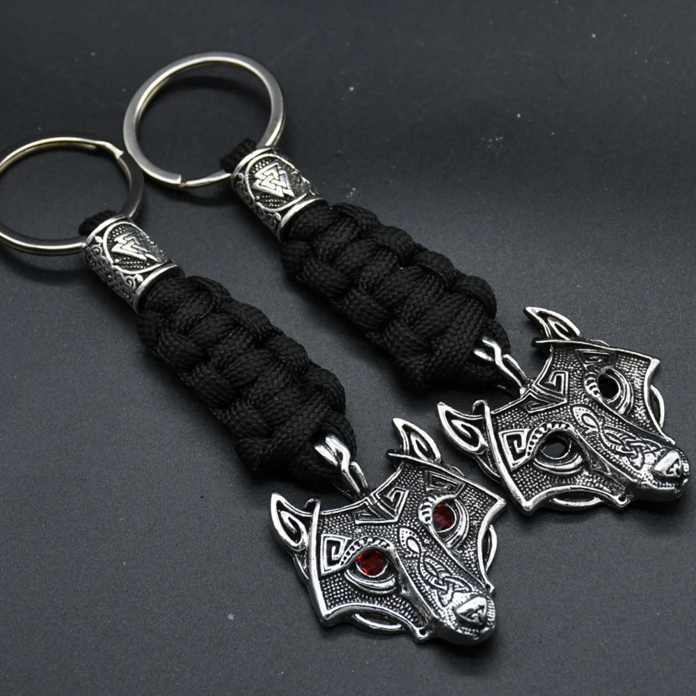 Nordic Mythology Wolf Head Keychain Men's Retro Handmade Survival Rope Lanyard Pendant Keyring Vikings Runes Vegvisir Jewelry Nordic Mythology Wolf Head Keychain Men's Retro Handmade Survival Rope Lanyard Pendant Keyring Vikings Runes Vegvisir Jewelry