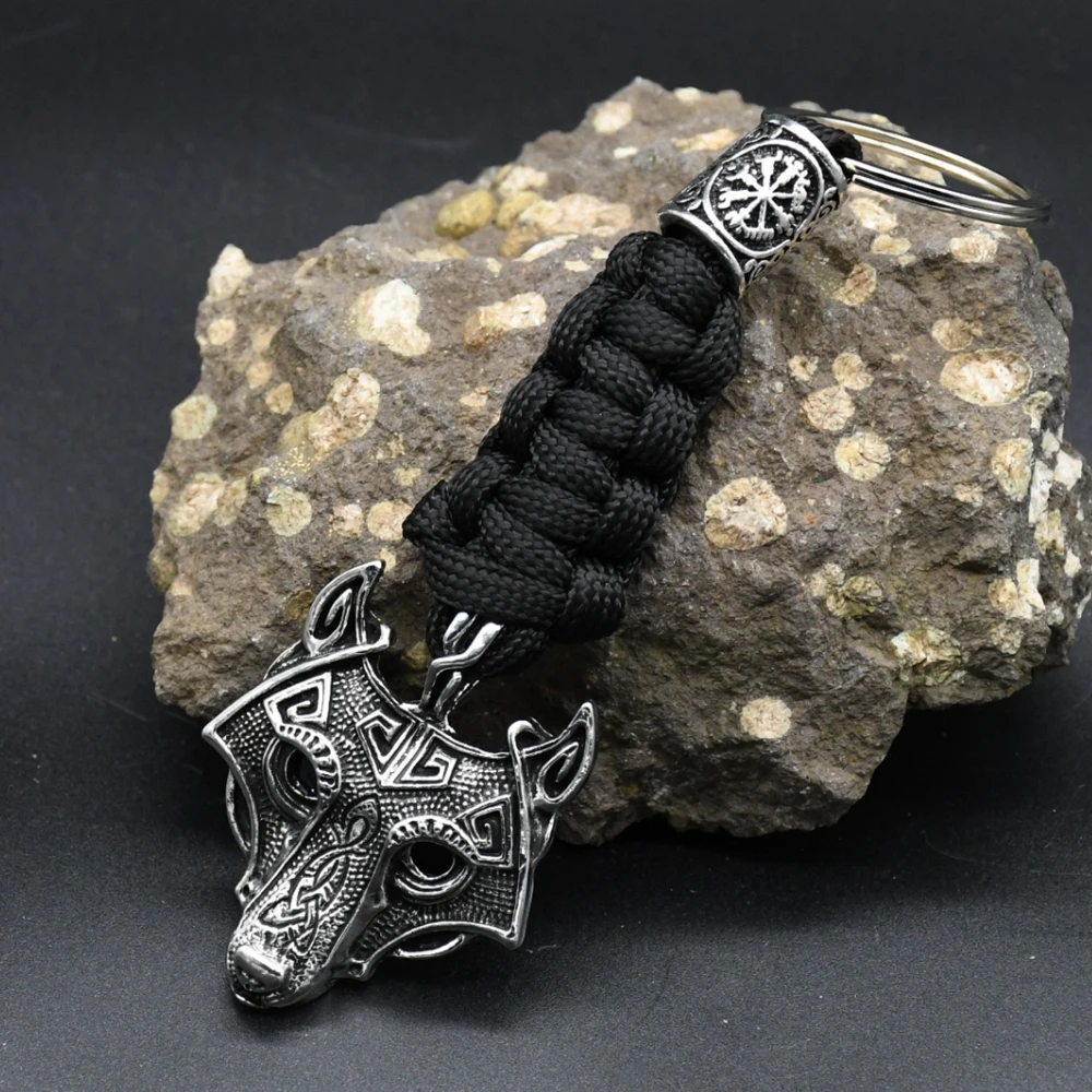 Nordic Mythology Wolf Head Keychain Men's Retro Handmade Survival Rope Lanyard Pendant Keyring Vikings Runes Vegvisir Jewelry Nordic Mythology Wolf Head Keychain Men's Retro Handmade Survival Rope Lanyard Pendant Keyring Vikings Runes Vegvisir Jewelry