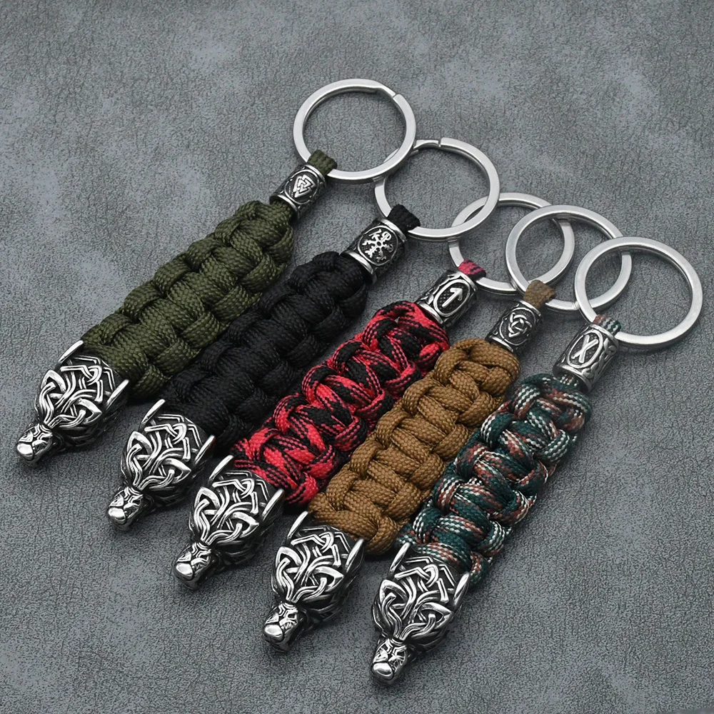 Handmade Vintage Vikings Wolf Head Survival Keychain Men Charm Rune Vegvisir Celt Wolf Keyring Stainless Steel Paracord Jewelry Handmade Vintage Vikings Wolf Head Survival Keychain Men Charm Rune Vegvisir Celt Wolf Keyring Stainless Steel Paracord Jewelry