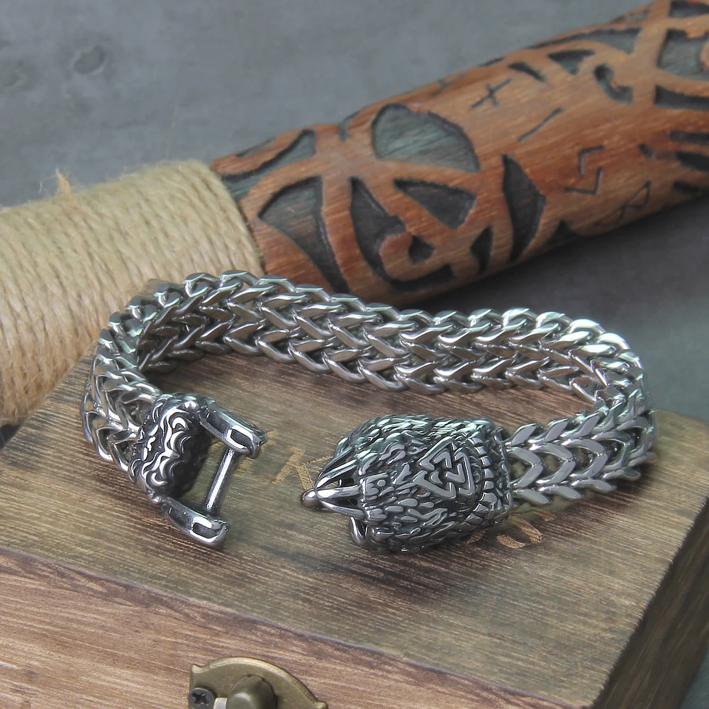 Never Fade Rock Viking Wolf Bracelet Men's Stainless Steel Mesh Chain Can Open Wolf Mouth Punk Bracelets Biker Jewelry