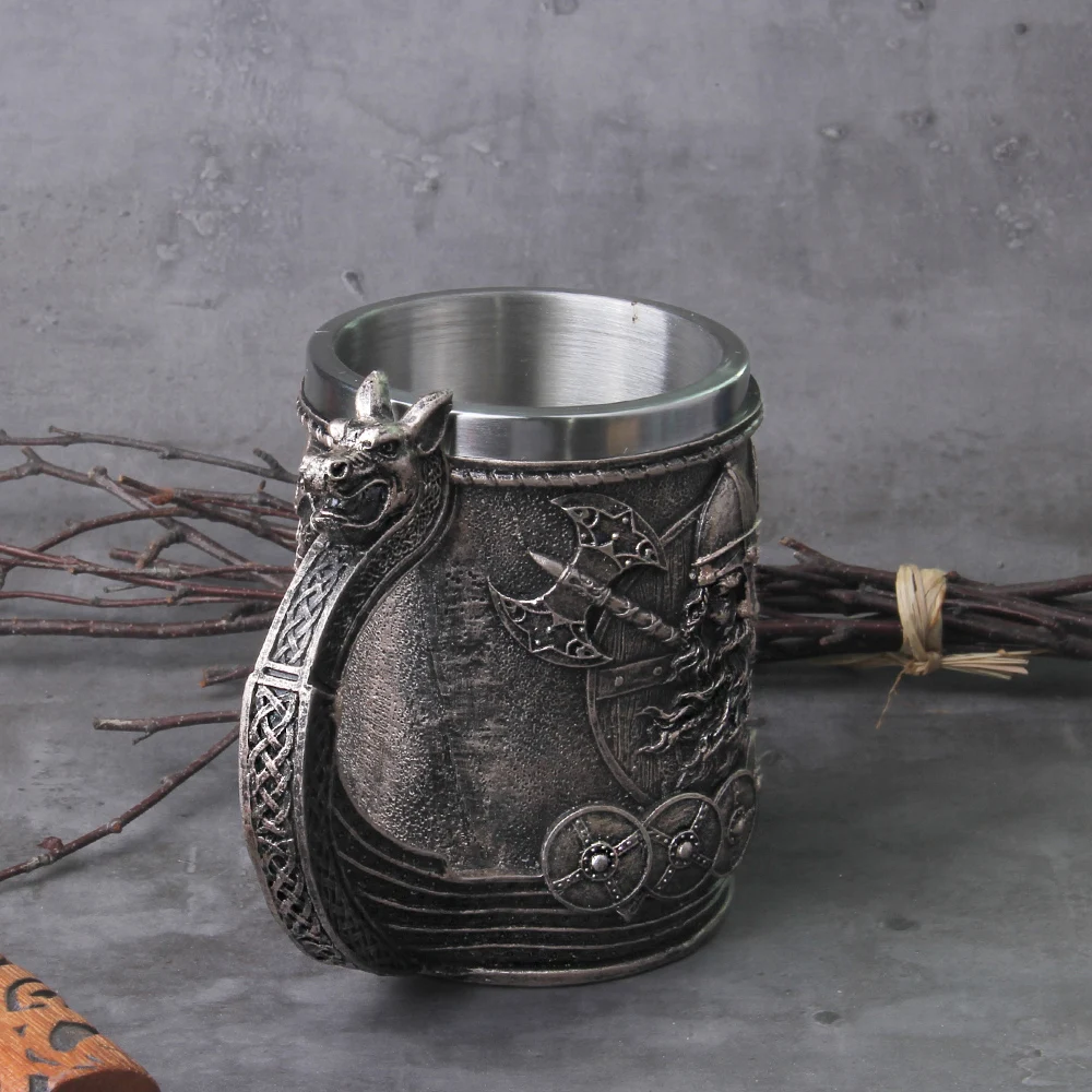 Viking Wood Style Beer Mug Simulation Viking Ship Dragon Drakkar Tankard Mug Nordic Beer Cup Large Size