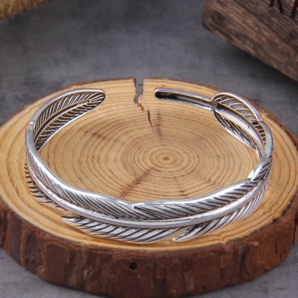 antique Silver Color Feather Wide Cuff Bracelets&Bangles For Women Men Personality Vintage Thai Silver Jewelry antique Silver Color Feather Wide Cuff Bracelets&Bangles For Women Men Personality Vintage Thai Silver Jewelry