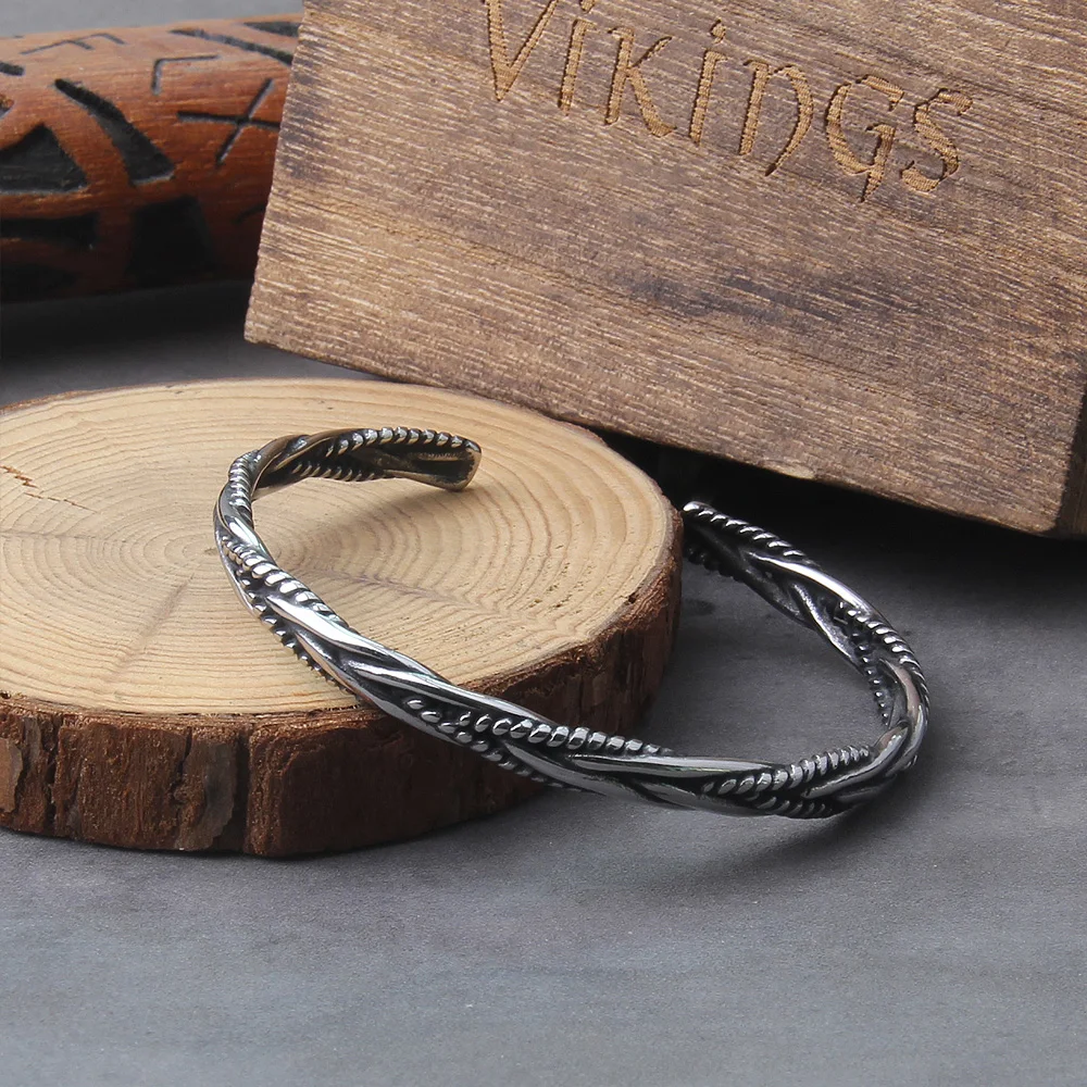 Vintage Silver Color Open Cuff Bracelet for Men, Nordic Viking Bangle, Unique Twisted Woven Wristband, Jewelry Gift, Trendy