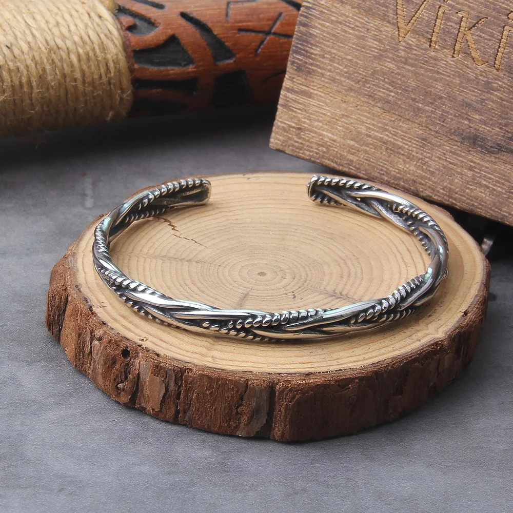 Vintage Silver Color Open Cuff Bracelet for Men, Nordic Viking Bangle, Unique Twisted Woven Wristband, Jewelry Gift, Trendy