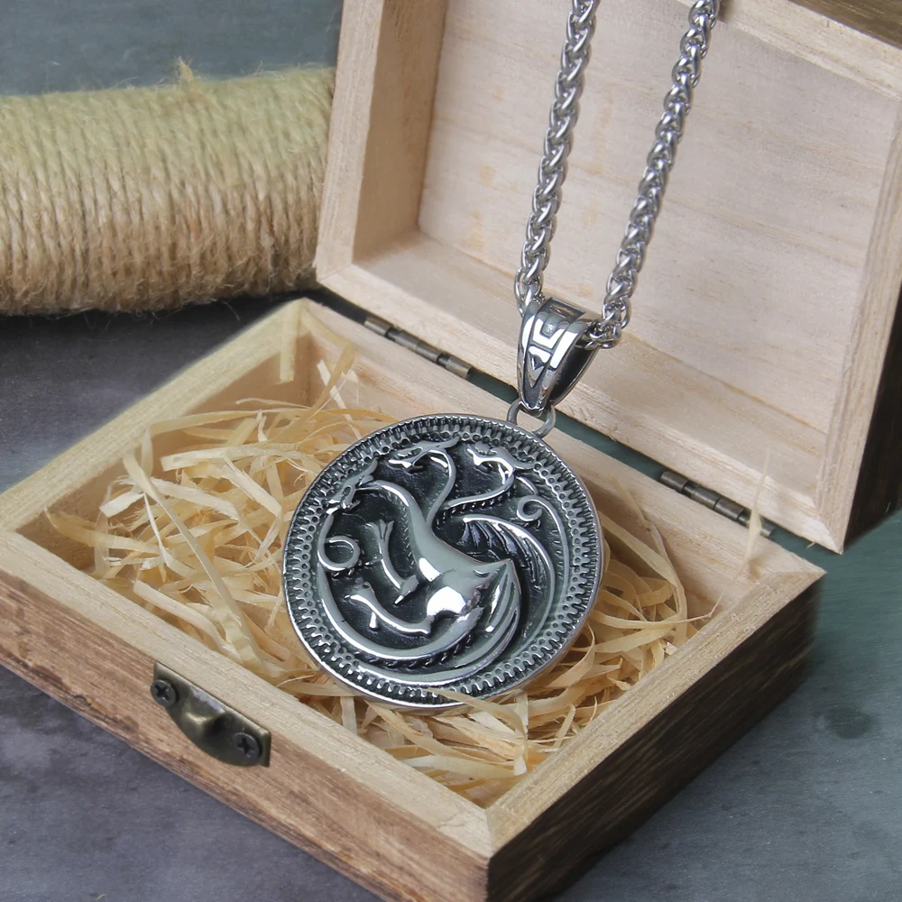 Stainless Steel Men Viking 3 heads Dragon Pendant necklace as birthday gift with wooden box Never Fade Stainless Steel Men Viking 3 heads Dragon Pendant necklace as birthday gift with wooden box Never Fade