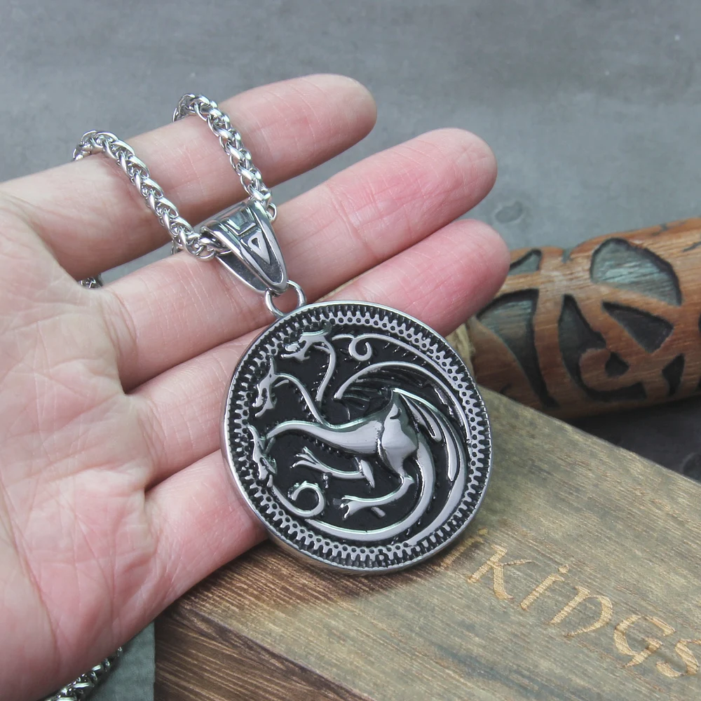 Stainless Steel Men Viking 3 heads Dragon Pendant necklace as birthday gift with wooden box Never Fade Stainless Steel Men Viking 3 heads Dragon Pendant necklace as birthday gift with wooden box Never Fade