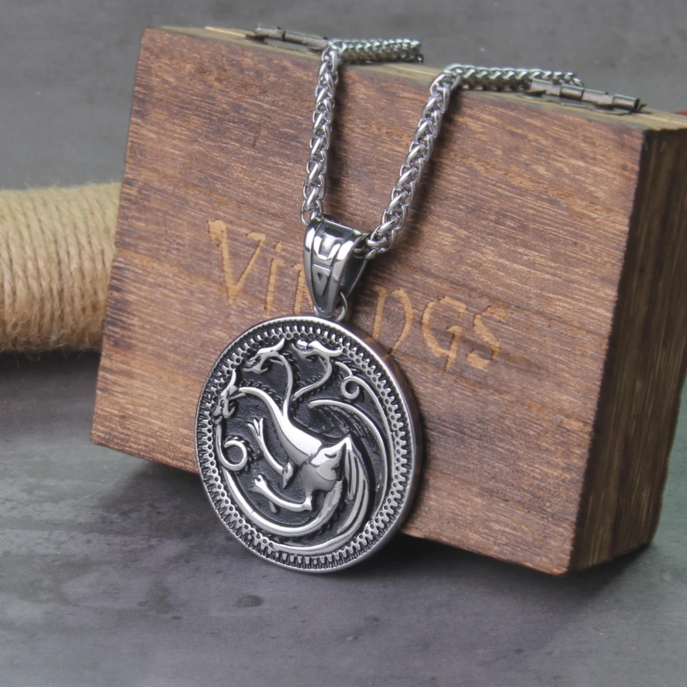 Stainless Steel Men Viking 3 heads Dragon Pendant necklace as birthday gift with wooden box Never Fade Stainless Steel Men Viking 3 heads Dragon Pendant necklace as birthday gift with wooden box Never Fade