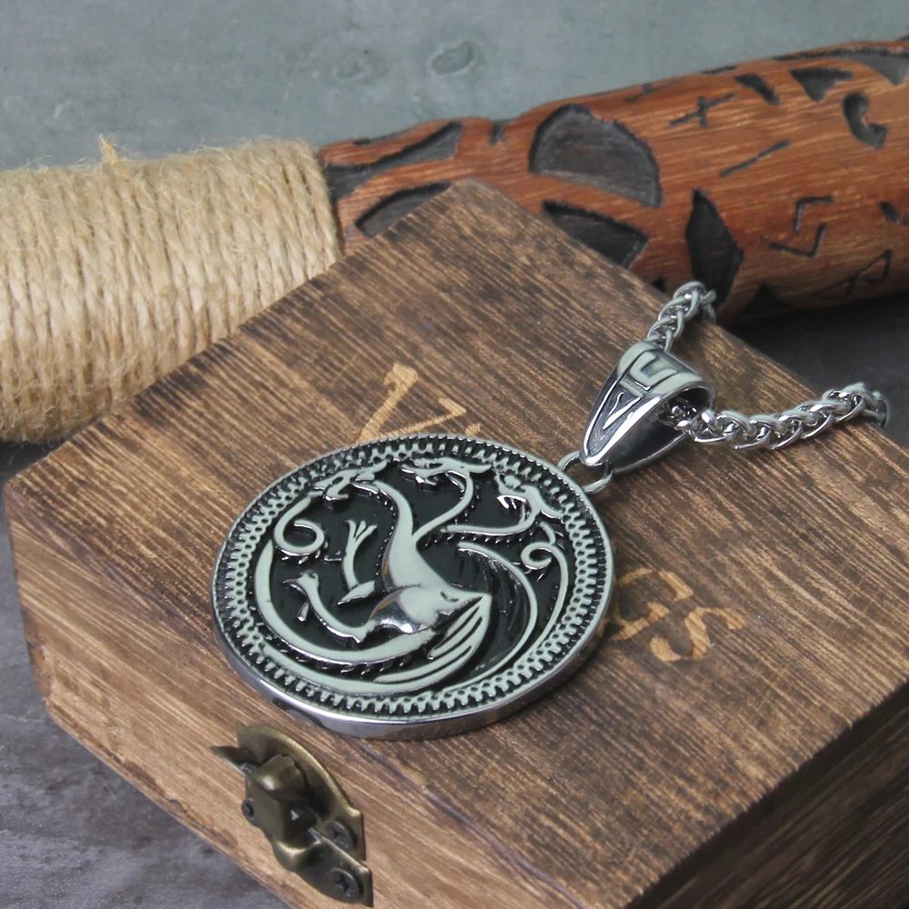 Stainless Steel Men Viking 3 heads Dragon Pendant necklace as birthday gift with wooden box Never Fade Stainless Steel Men Viking 3 heads Dragon Pendant necklace as birthday gift with wooden box Never Fade