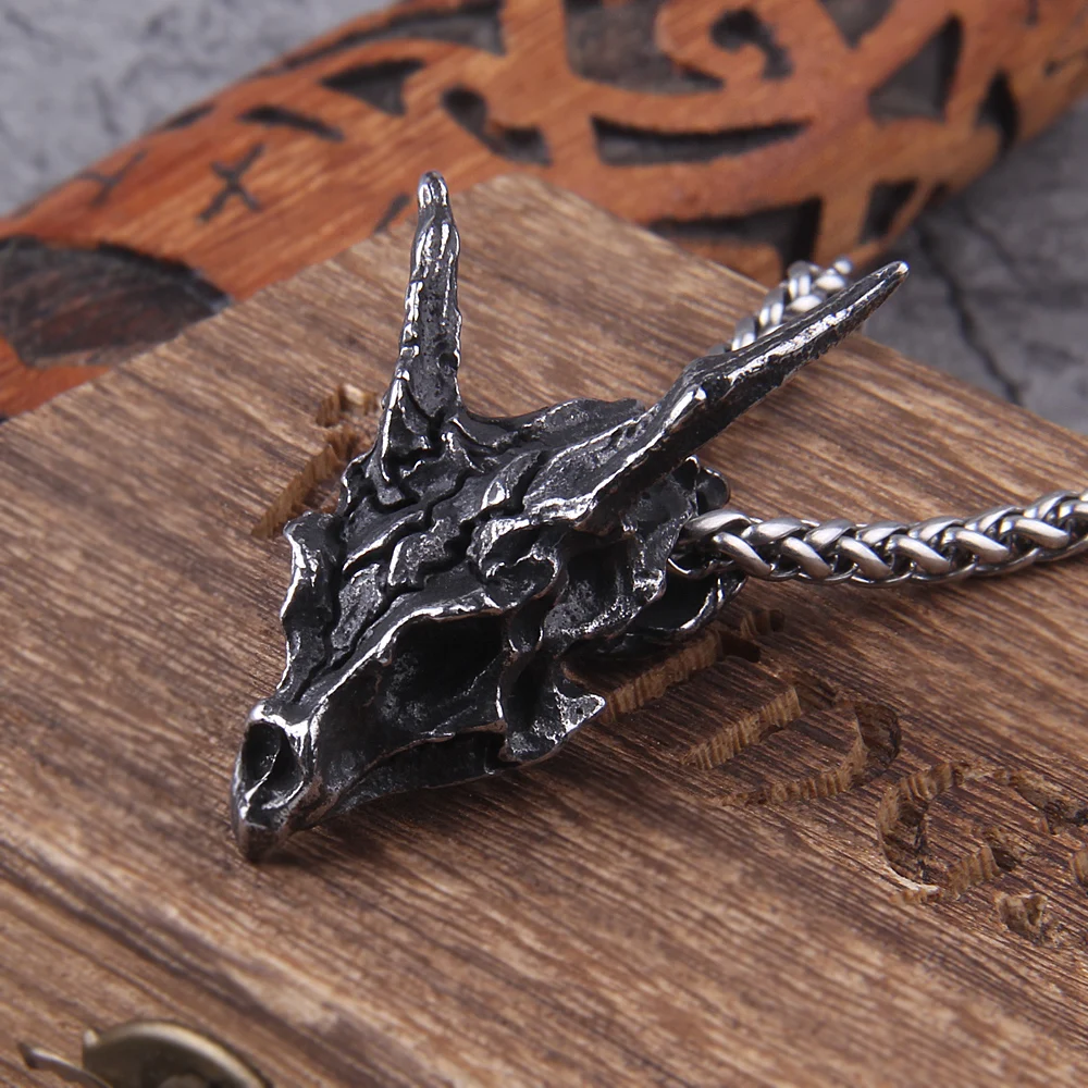 2024 New Design Charms Viking Dragon Skull Pendant Necklace Men's Fashion Biker Rock Punk Jewelry Antique Retro Chain Gift