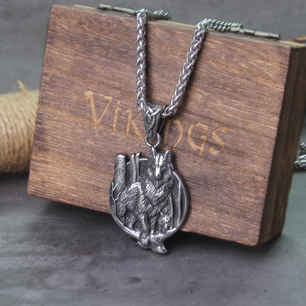 Never fade stainless steel Nordic Viking The forest wolf Necklace Animal Original with wooden box as gift Never fade stainless steel Nordic Viking The forest wolf Necklace Animal Original with wooden box as gift