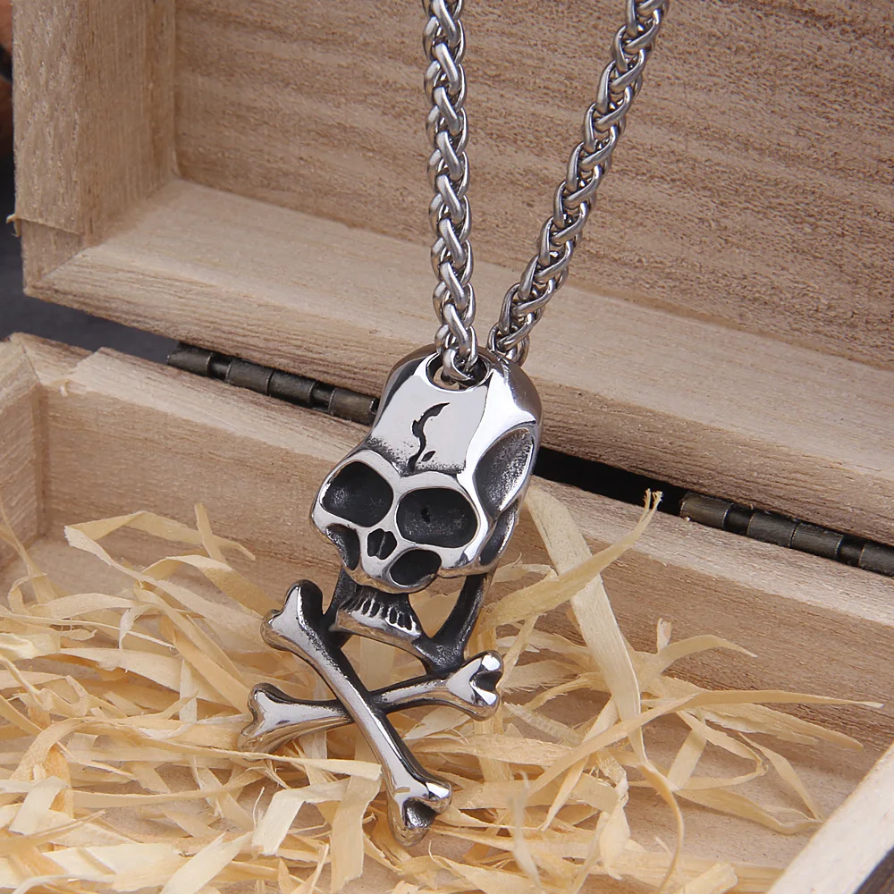 Punk Stainless Steel Skull Chain Pendant Necklace Vintage Hip Hop Statement Necklaces for Men Male Boho Jewelry with wooden box Punk Stainless Steel Skull Chain Pendant Necklace Vintage Hip Hop Statement Necklaces for Men Male Boho Jewelry with wooden box