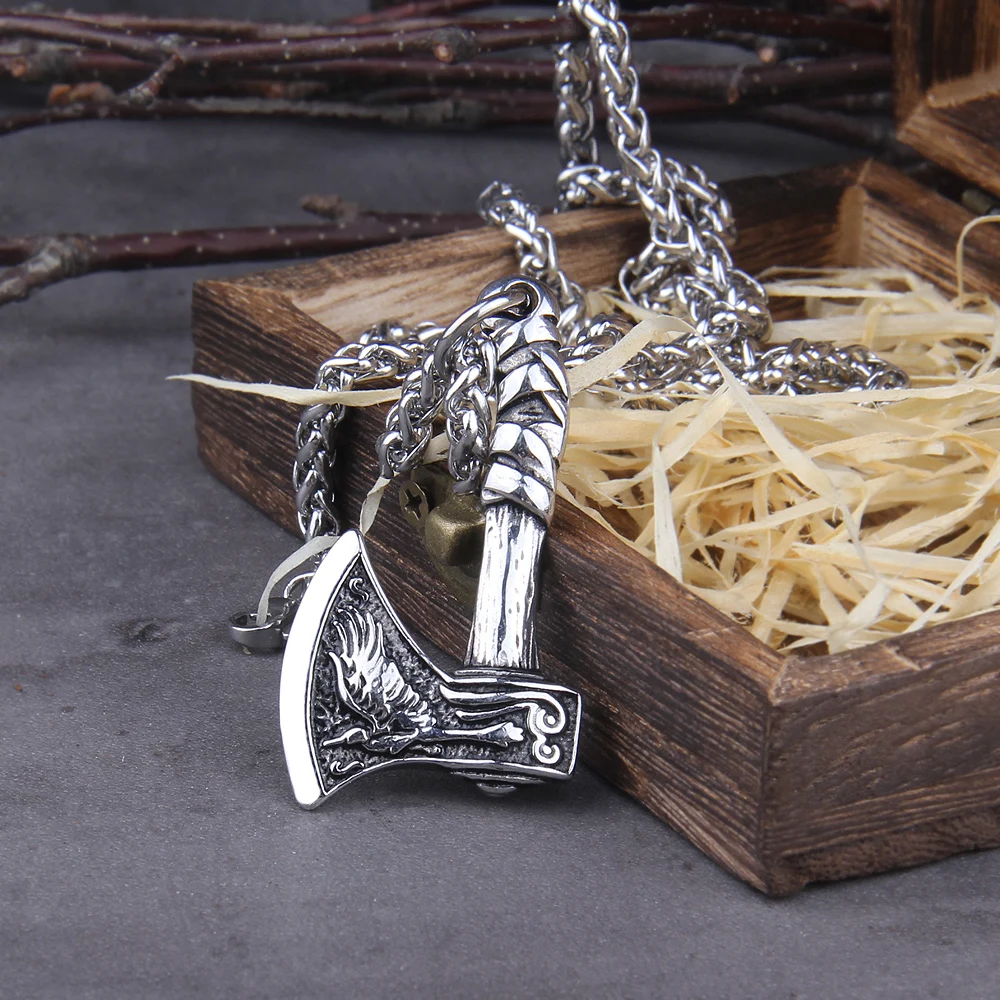 New Arrival Viking Rune Axe Necklace in Stainless Steel with Wooden Box as Gift for Men New Arrival Viking Rune Axe Necklace in Stainless Steel with Wooden Box as Gift for Men