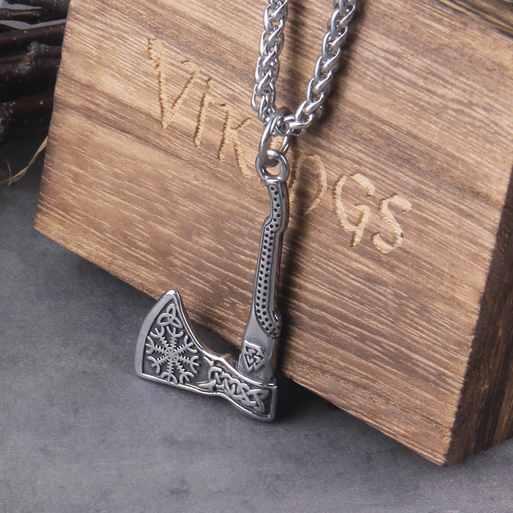 New Arrival Viking Rune Axe Necklace in Stainless Steel with Wooden Box as Gift for Men New Arrival Viking Rune Axe Necklace in Stainless Steel with Wooden Box as Gift for Men