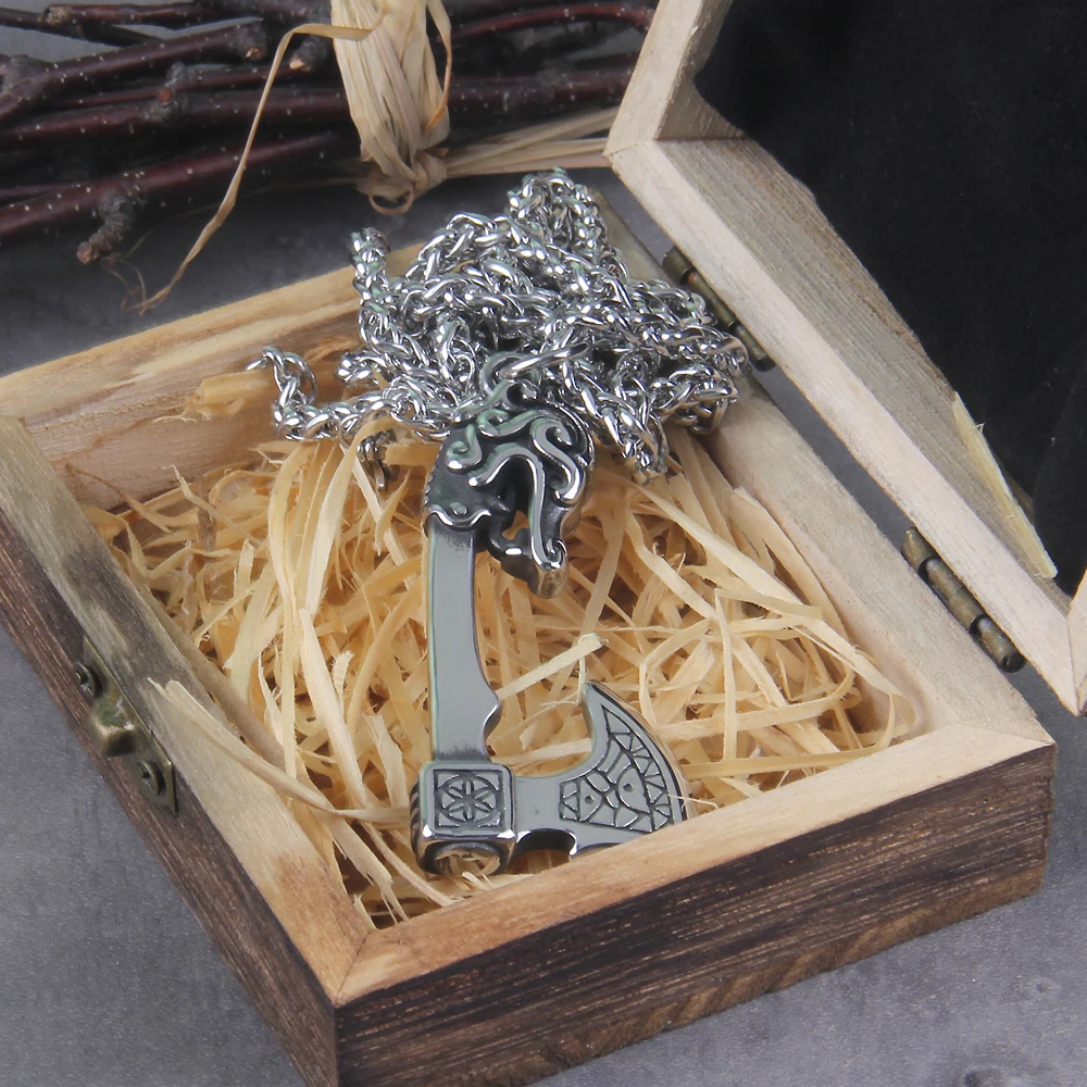 New Arrival Viking Rune Axe Necklace in Stainless Steel with Wooden Box as Gift for Men New Arrival Viking Rune Axe Necklace in Stainless Steel with Wooden Box as Gift for Men