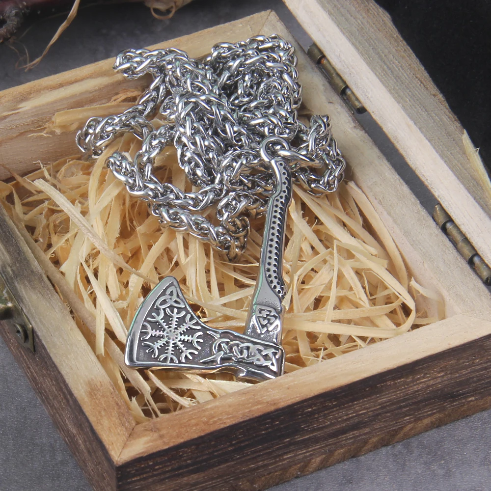 New Arrival Viking Rune Axe Necklace in Stainless Steel with Wooden Box as Gift for Men New Arrival Viking Rune Axe Necklace in Stainless Steel with Wooden Box as Gift for Men