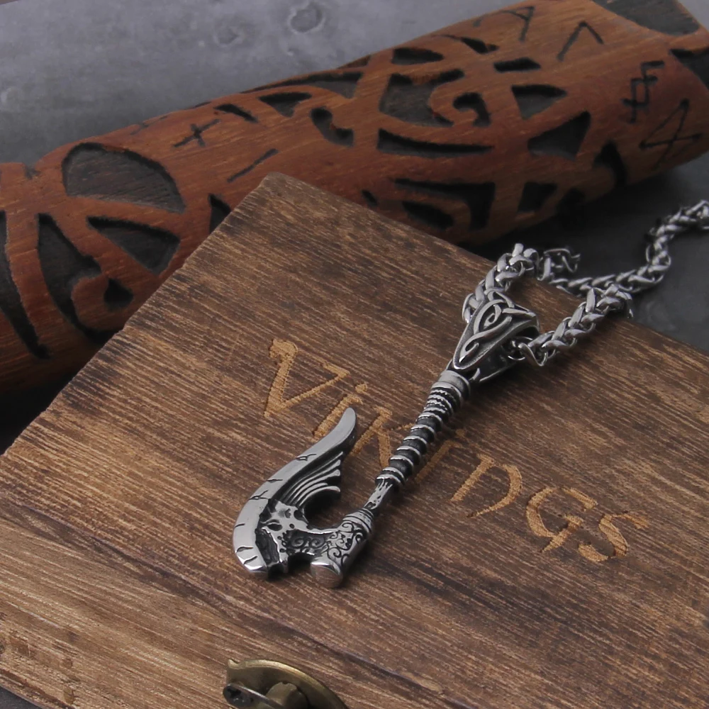 New Arrival Viking Rune Axe Necklace in Stainless Steel with Wooden Box as Gift for Men New Arrival Viking Rune Axe Necklace in Stainless Steel with Wooden Box as Gift for Men