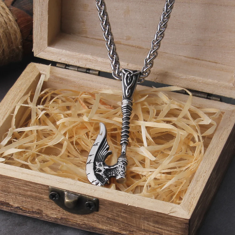 New Arrival Viking Rune Axe Necklace in Stainless Steel with Wooden Box as Gift for Men