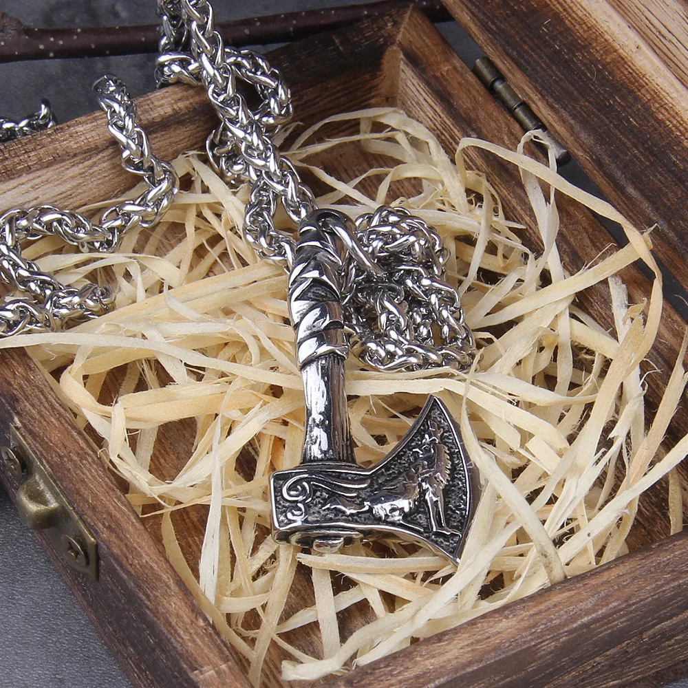 New Arrival Viking Rune Axe Necklace in Stainless Steel with Wooden Box as Gift for Men New Arrival Viking Rune Axe Necklace in Stainless Steel with Wooden Box as Gift for Men