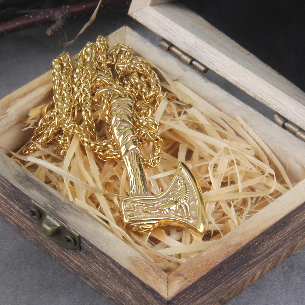 New Arrival Viking Rune Axe Necklace in Stainless Steel with Wooden Box as Gift for Men New Arrival Viking Rune Axe Necklace in Stainless Steel with Wooden Box as Gift for Men