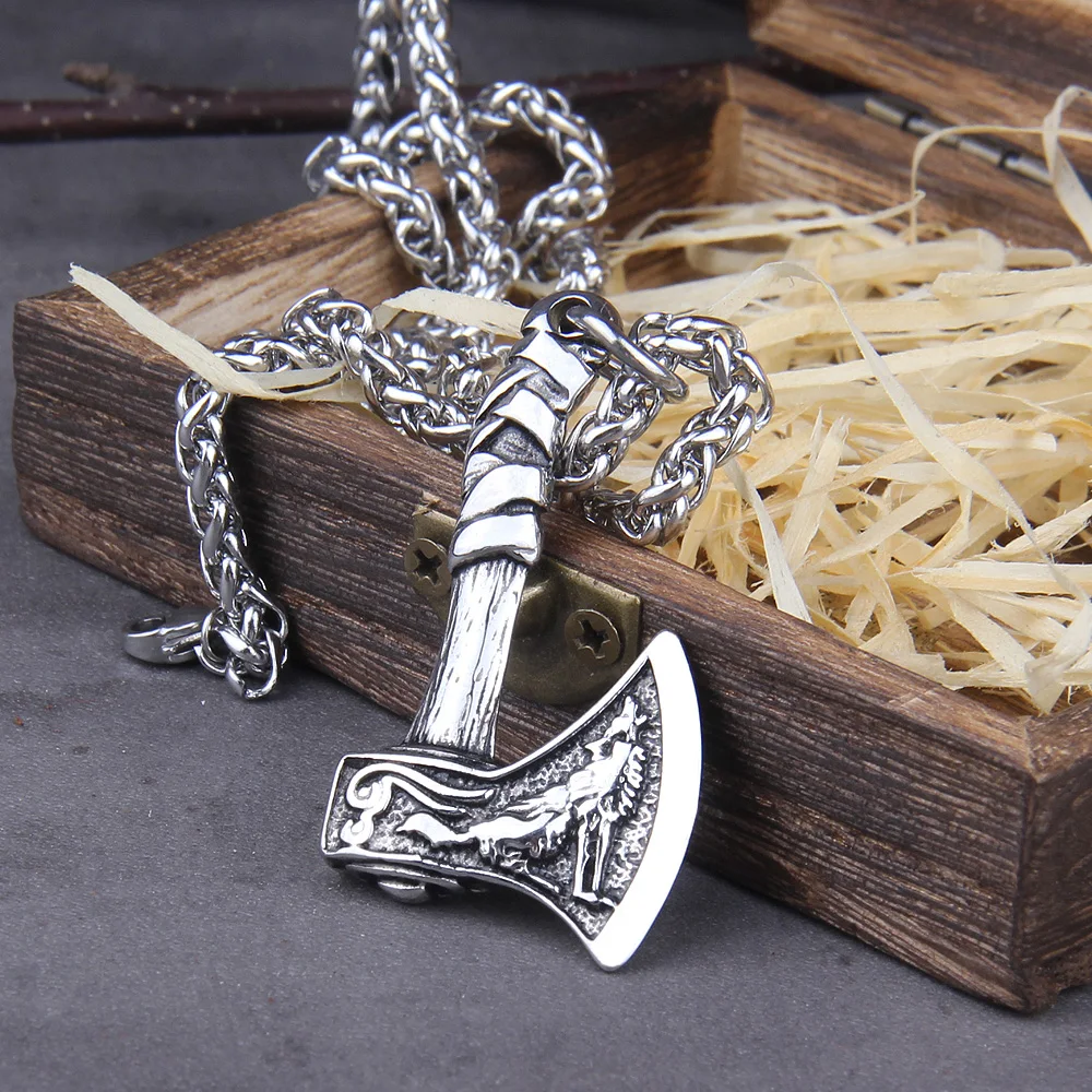 New Arrival Viking Rune Axe Necklace in Stainless Steel with Wooden Box as Gift for Men New Arrival Viking Rune Axe Necklace in Stainless Steel with Wooden Box as Gift for Men