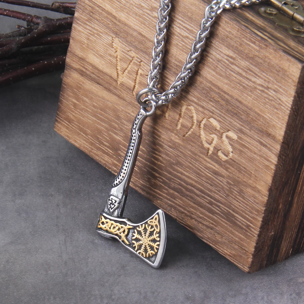 New Arrival Viking Rune Axe Necklace in Stainless Steel with Wooden Box as Gift for Men New Arrival Viking Rune Axe Necklace in Stainless Steel with Wooden Box as Gift for Men