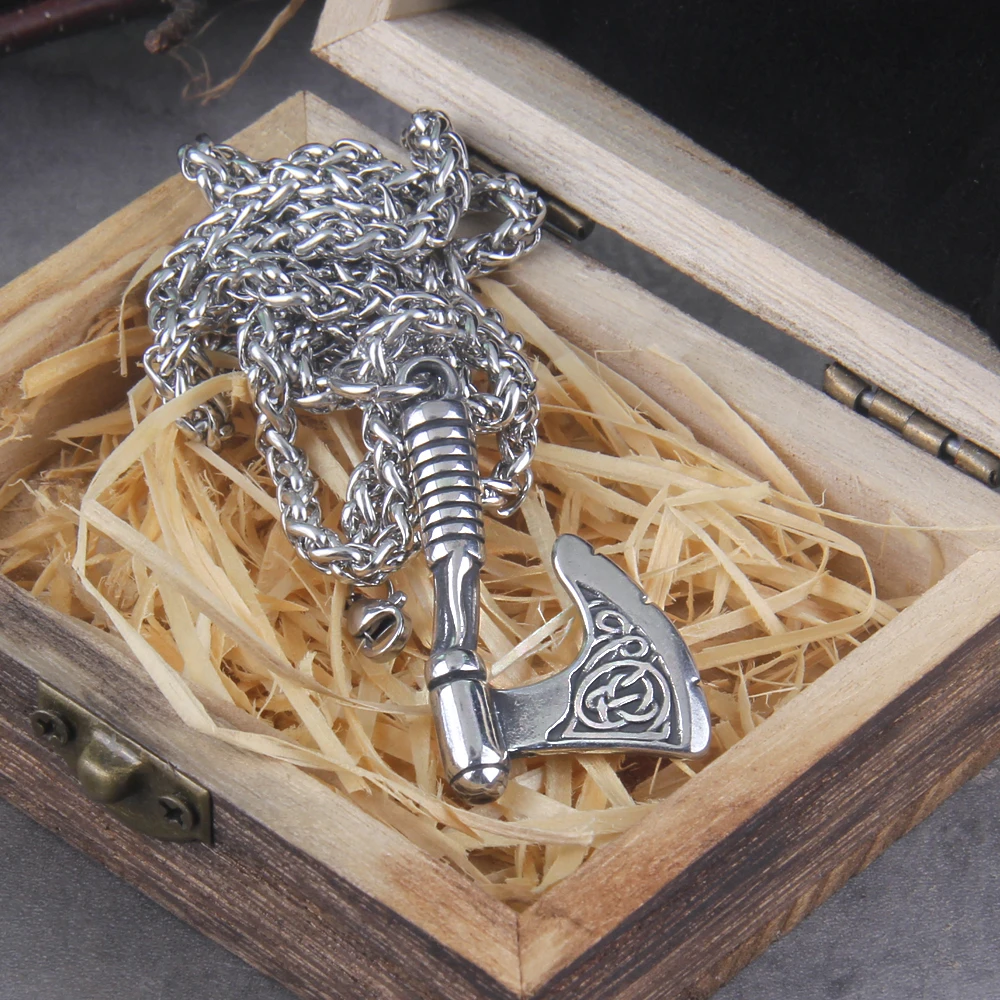 New Arrival Viking Rune Axe Necklace in Stainless Steel with Wooden Box as Gift for Men New Arrival Viking Rune Axe Necklace in Stainless Steel with Wooden Box as Gift for Men