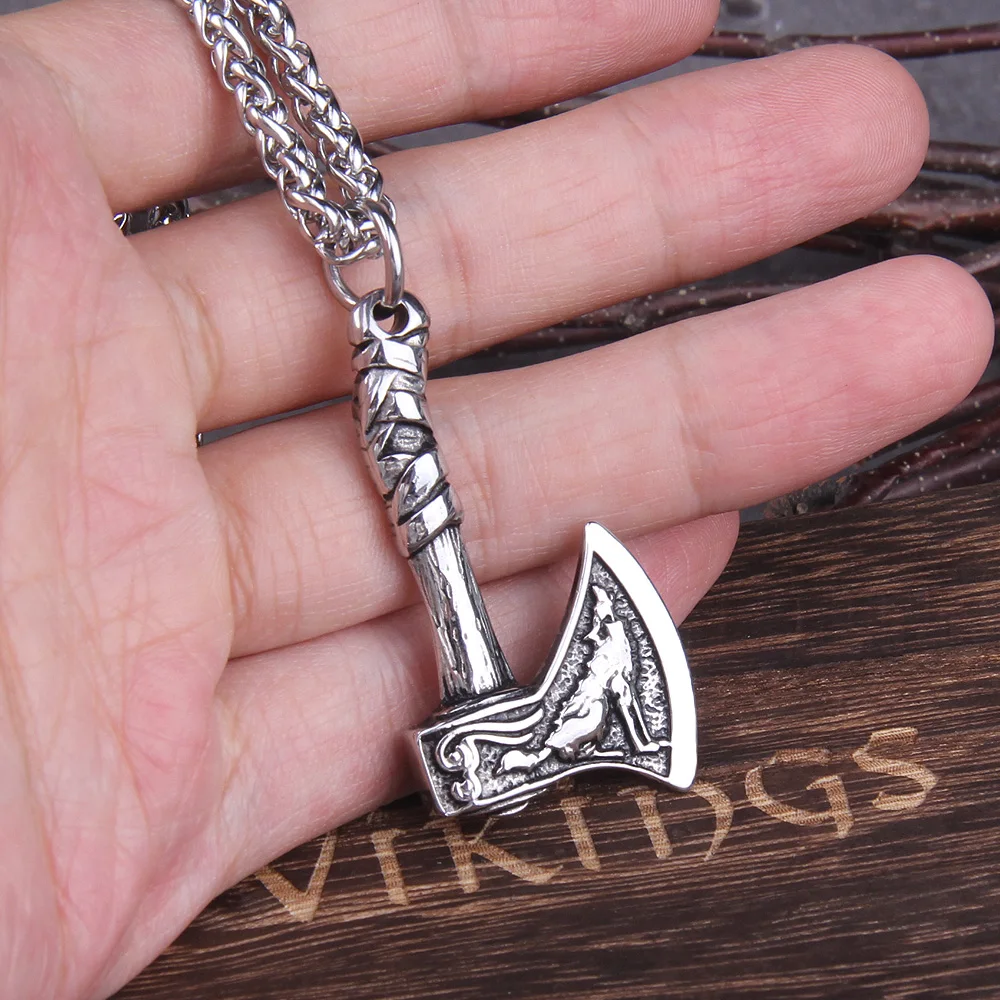 New Arrival Viking Rune Axe Necklace in Stainless Steel with Wooden Box as Gift for Men New Arrival Viking Rune Axe Necklace in Stainless Steel with Wooden Box as Gift for Men