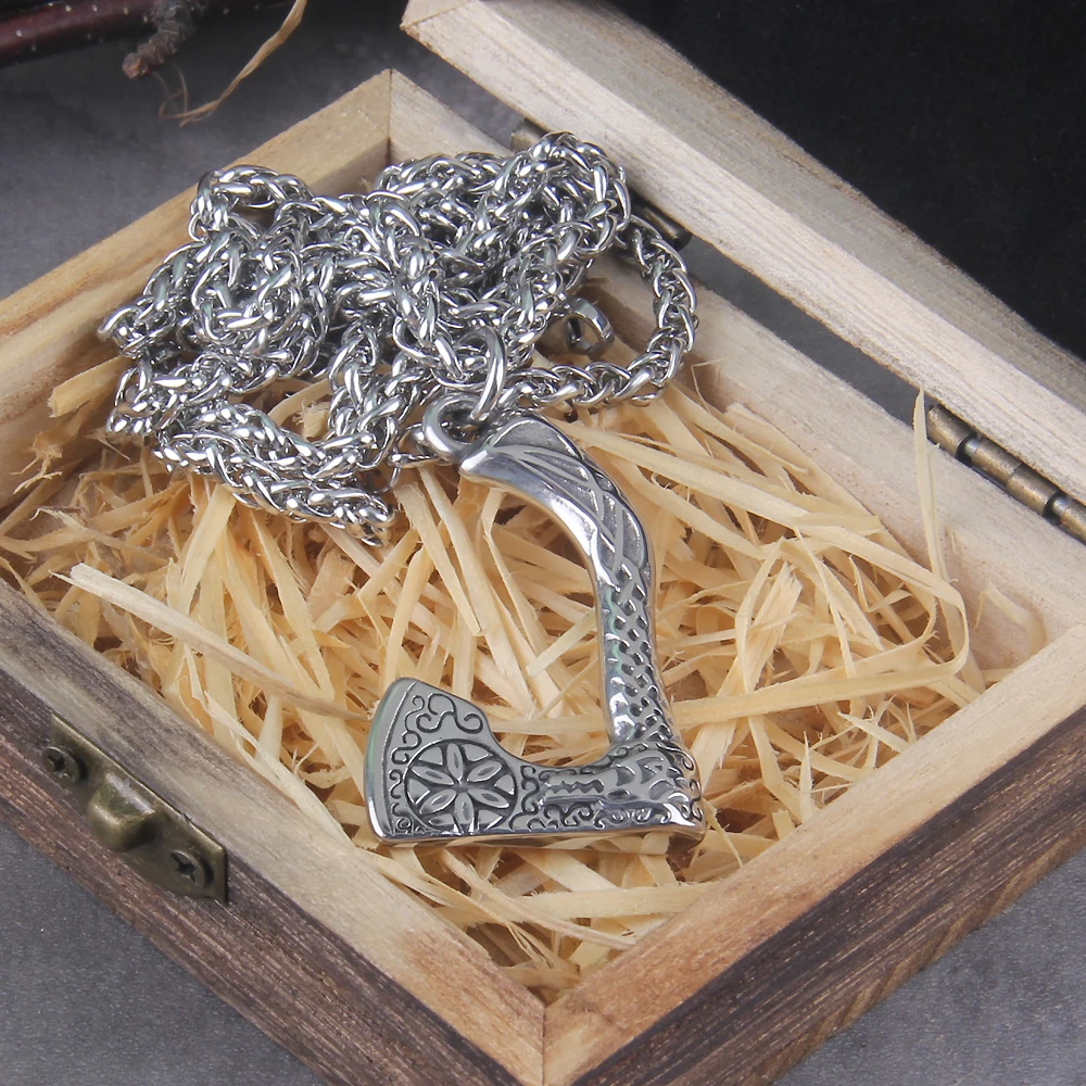 New Arrival Viking Rune Axe Necklace in Stainless Steel with Wooden Box as Gift for Men New Arrival Viking Rune Axe Necklace in Stainless Steel with Wooden Box as Gift for Men