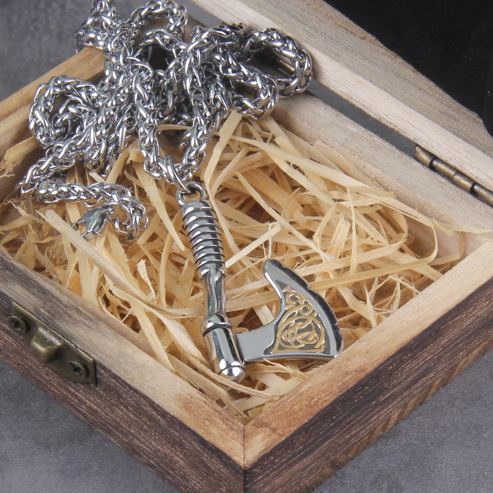 New Arrival Viking Rune Axe Necklace in Stainless Steel with Wooden Box as Gift for Men New Arrival Viking Rune Axe Necklace in Stainless Steel with Wooden Box as Gift for Men
