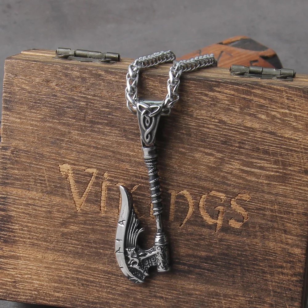 New Arrival Viking Rune Axe Necklace in Stainless Steel with Wooden Box as Gift for Men