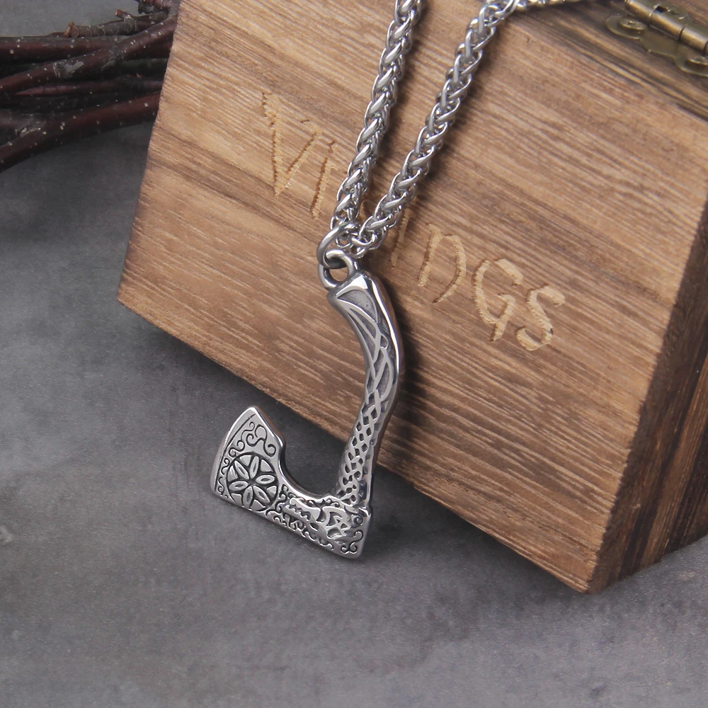 New Arrival Viking Rune Axe Necklace in Stainless Steel with Wooden Box as Gift for Men New Arrival Viking Rune Axe Necklace in Stainless Steel with Wooden Box as Gift for Men