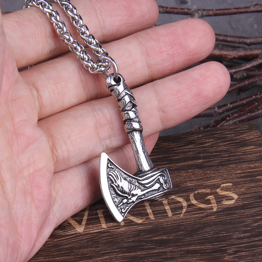 New Arrival Viking Rune Axe Necklace in Stainless Steel with Wooden Box as Gift for Men New Arrival Viking Rune Axe Necklace in Stainless Steel with Wooden Box as Gift for Men