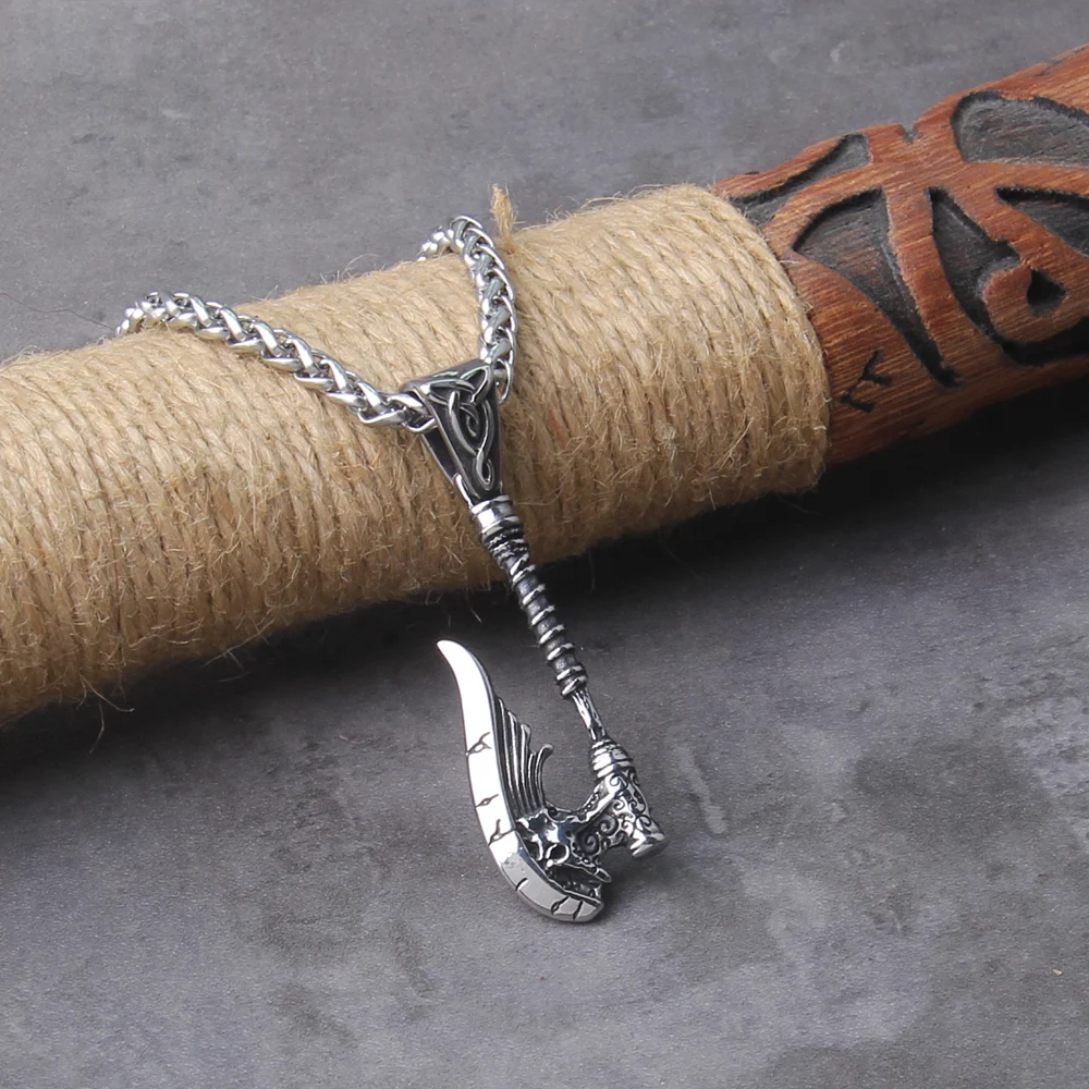 New Arrival Viking Rune Axe Necklace in Stainless Steel with Wooden Box as Gift for Men