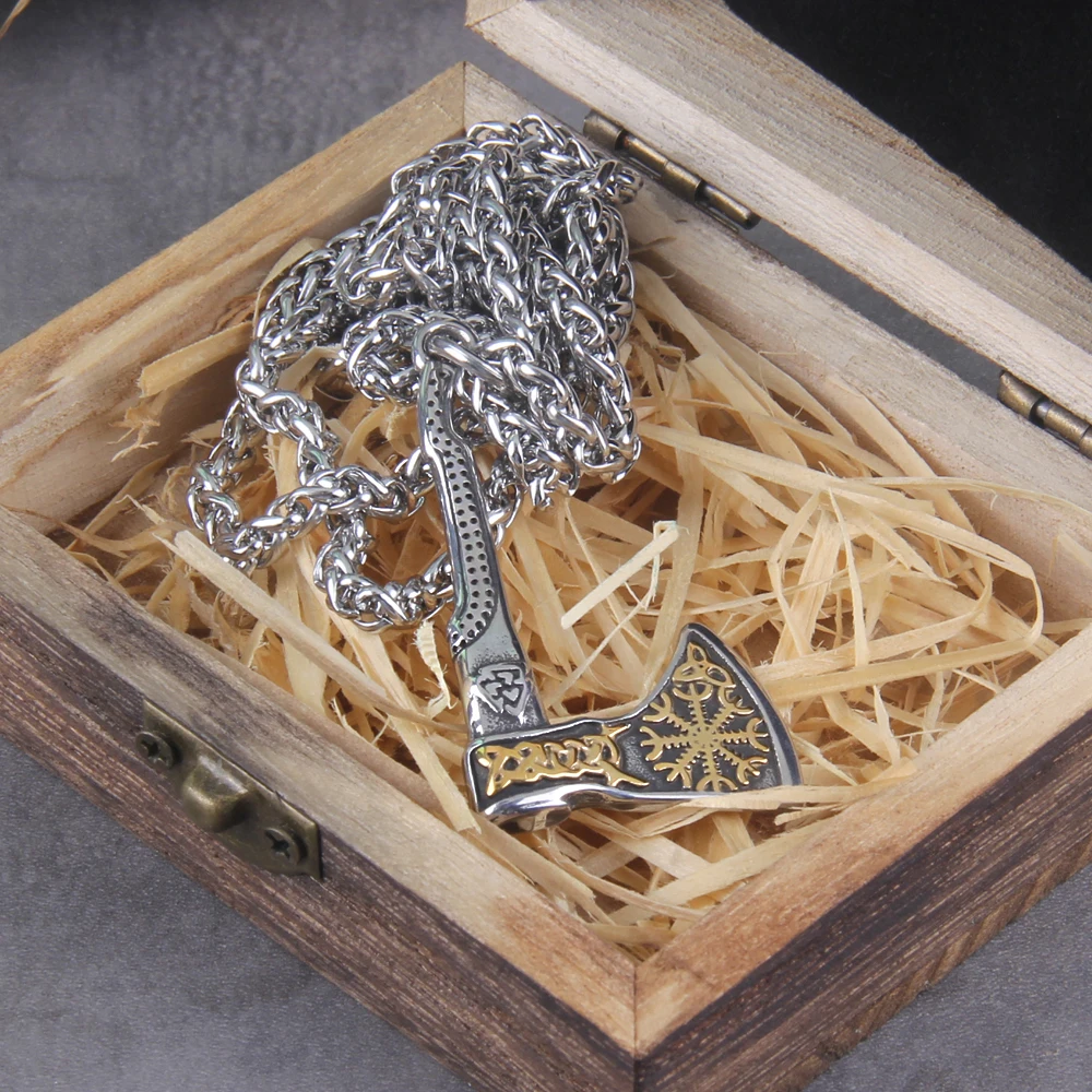 New Arrival Viking Rune Axe Necklace in Stainless Steel with Wooden Box as Gift for Men New Arrival Viking Rune Axe Necklace in Stainless Steel with Wooden Box as Gift for Men
