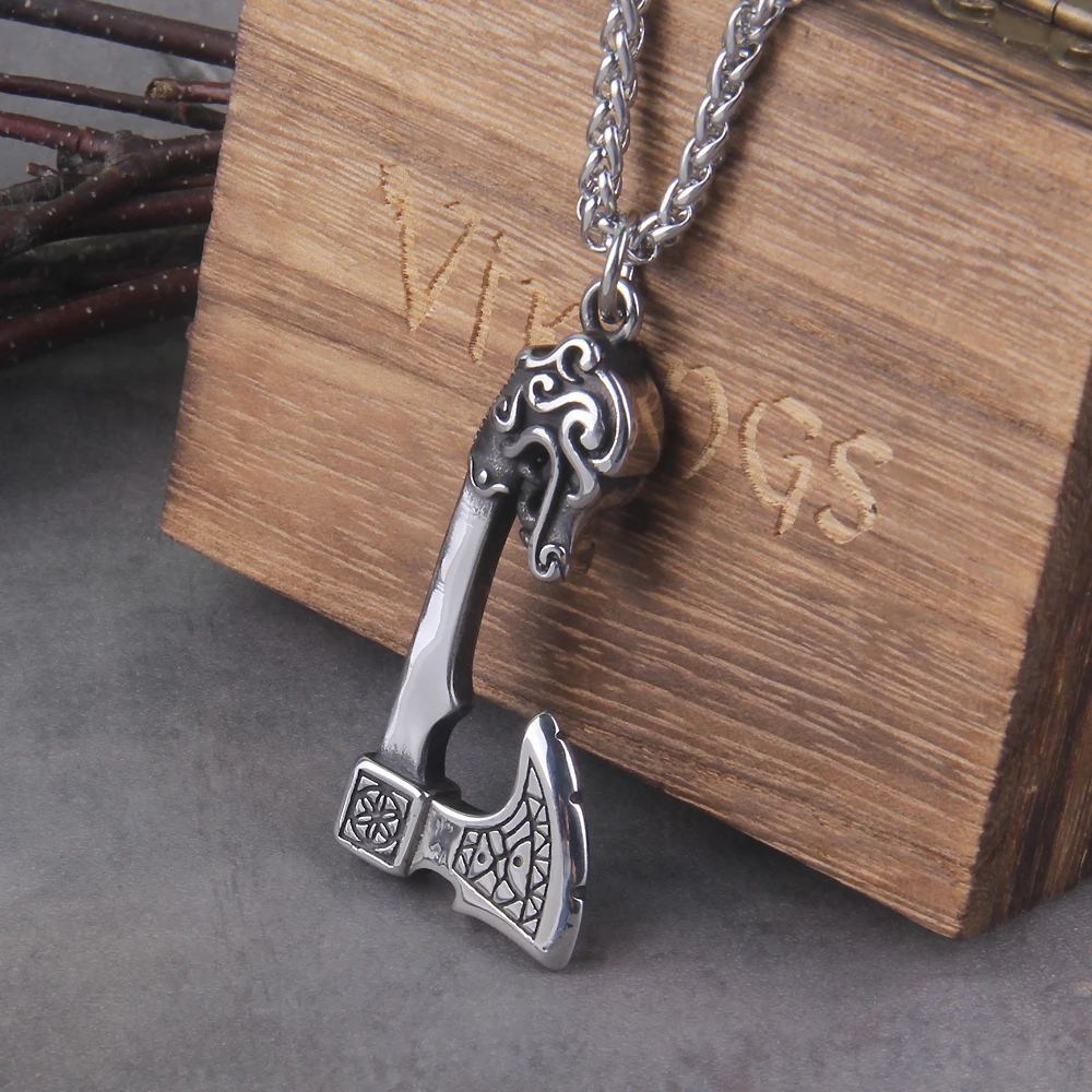 New Arrival Viking Rune Axe Necklace in Stainless Steel with Wooden Box as Gift for Men New Arrival Viking Rune Axe Necklace in Stainless Steel with Wooden Box as Gift for Men