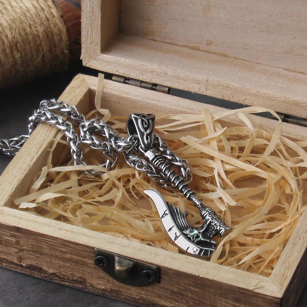 New Arrival Viking Rune Axe Necklace in Stainless Steel with Wooden Box as Gift for Men