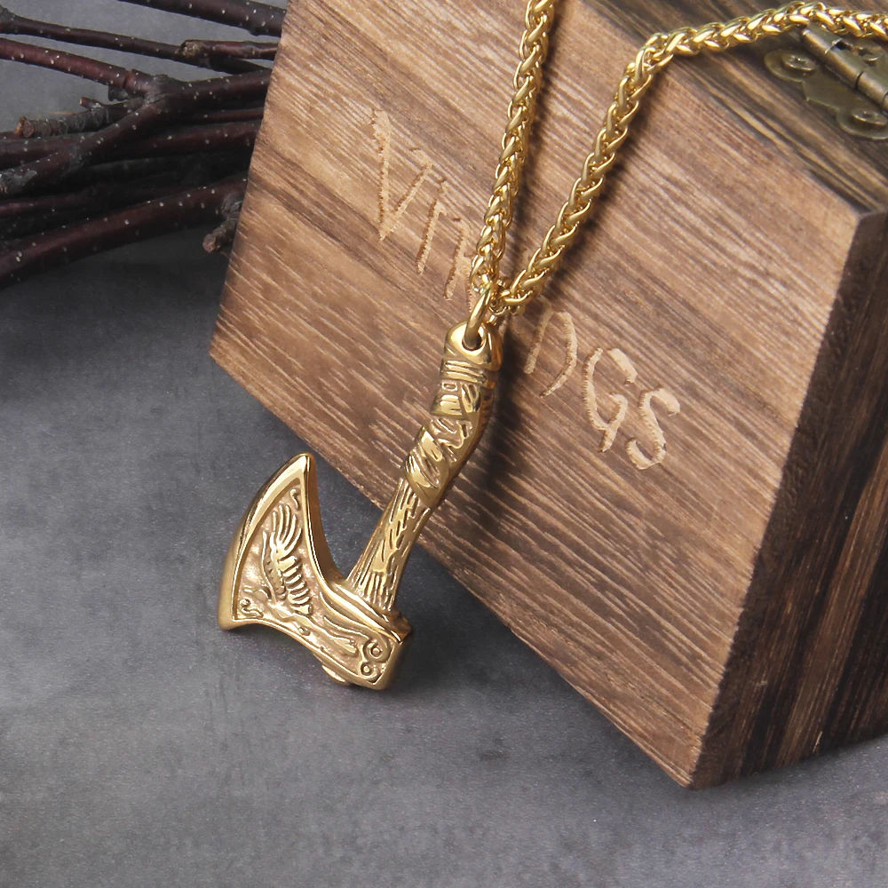 New Arrival Viking Rune Axe Necklace in Stainless Steel with Wooden Box as Gift for Men New Arrival Viking Rune Axe Necklace in Stainless Steel with Wooden Box as Gift for Men