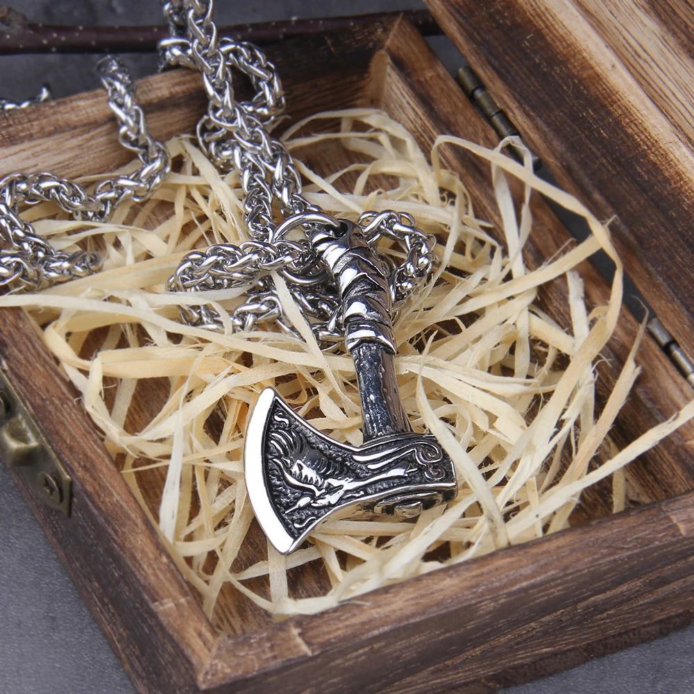 New Arrival Viking Rune Axe Necklace in Stainless Steel with Wooden Box as Gift for Men New Arrival Viking Rune Axe Necklace in Stainless Steel with Wooden Box as Gift for Men