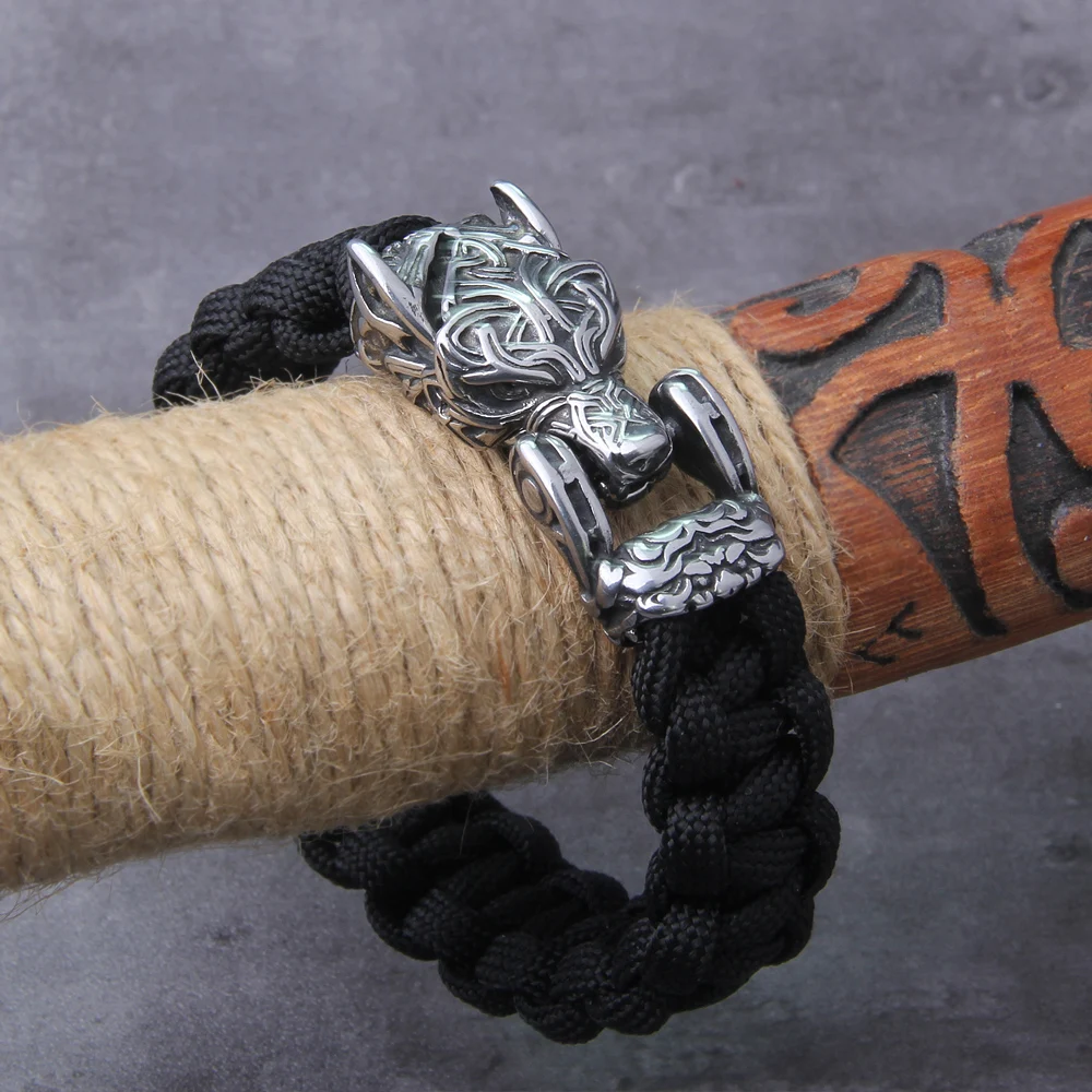 Never Fade Rock Viking Wolf Bracelet Men's handmade cord Wolf Bead Punk Bracelets Biker Jewelry