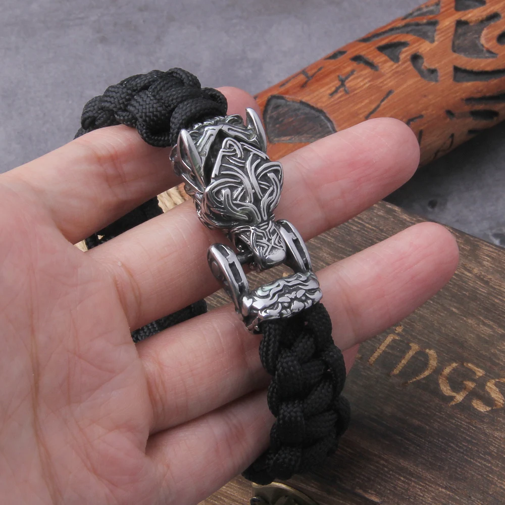 Never Fade Rock Viking Wolf Bracelet Men's handmade cord Wolf Bead Punk Bracelets Biker Jewelry