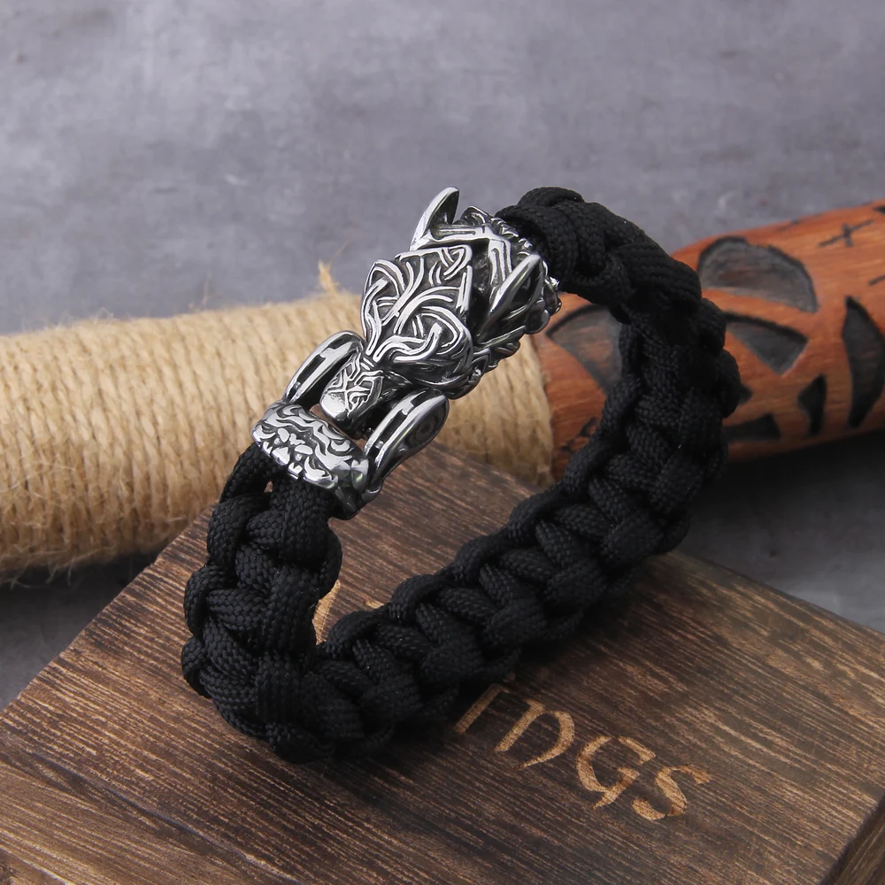 Never Fade Rock Viking Wolf Bracelet Men's handmade cord Wolf Bead Punk Bracelets Biker Jewelry