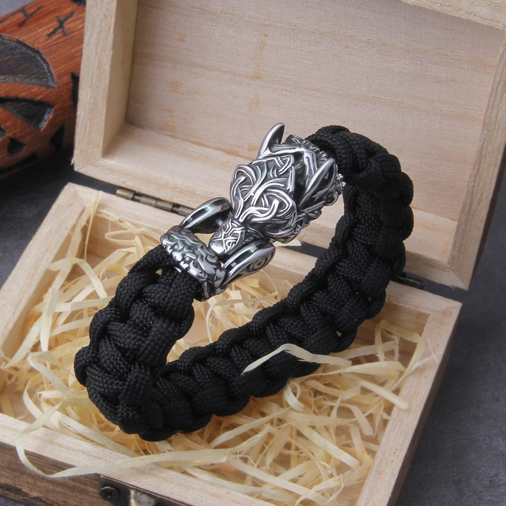 Never Fade Rock Viking Wolf Bracelet Men's handmade cord Wolf Bead Punk Bracelets Biker Jewelry