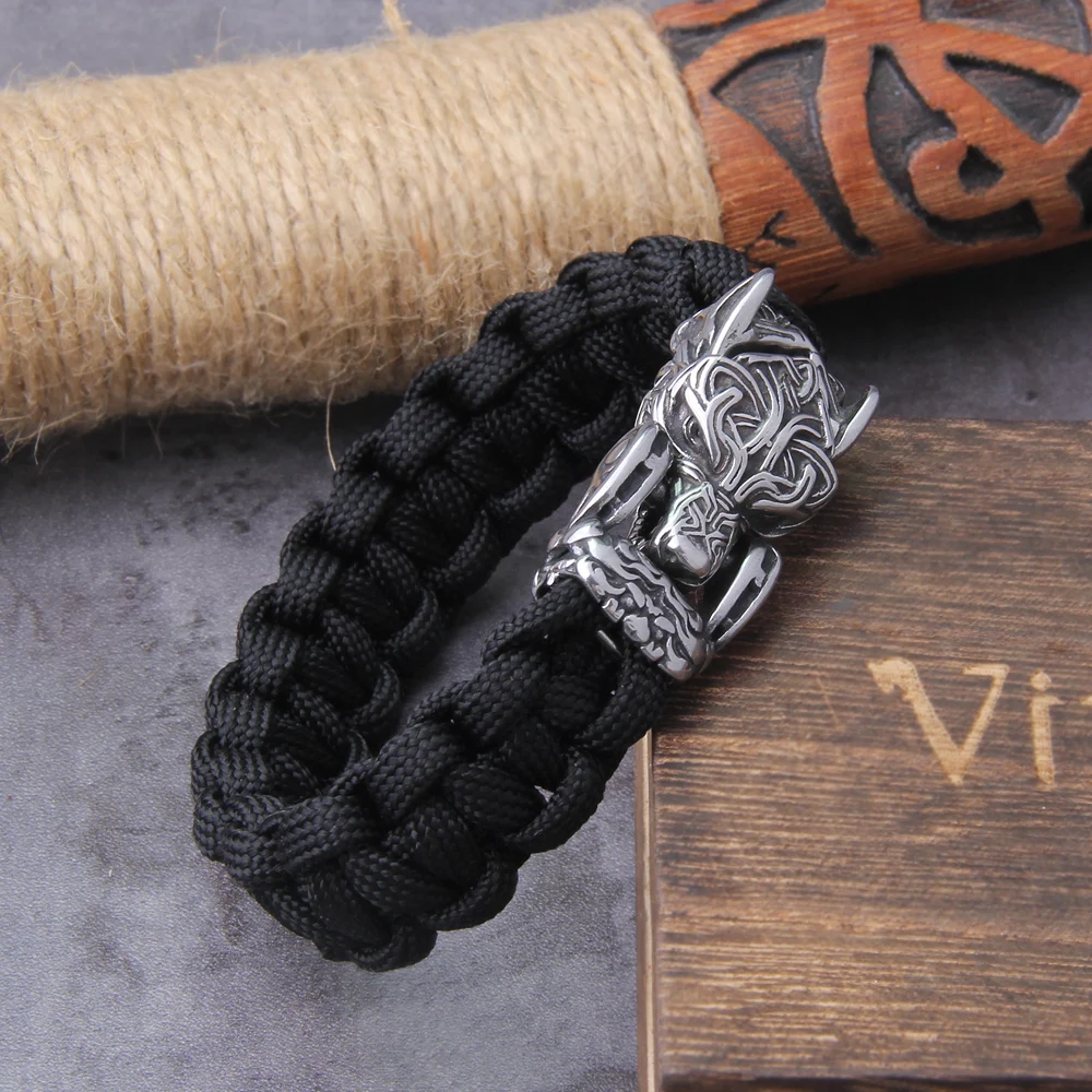 Never Fade Rock Viking Wolf Bracelet Men's handmade cord Wolf Bead Punk Bracelets Biker Jewelry