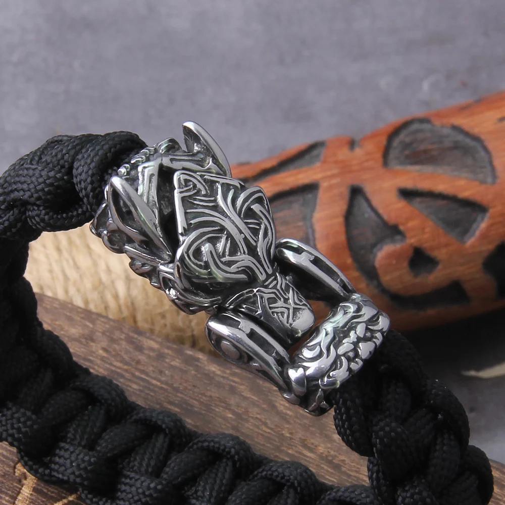 Never Fade Rock Viking Wolf Bracelet Men's handmade cord Wolf Bead Punk Bracelets Biker Jewelry