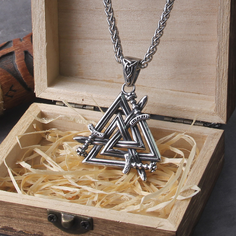 Stainless Steel Sword Valknut Necklace Packed by Wooden Box as Gift - Perfect Viking Jewelry for Men